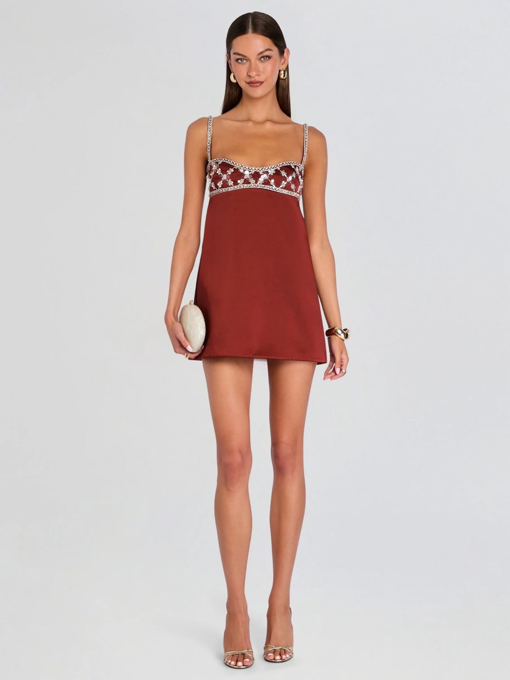 Retrofete Rust Mini Dress with Jeweled Trim